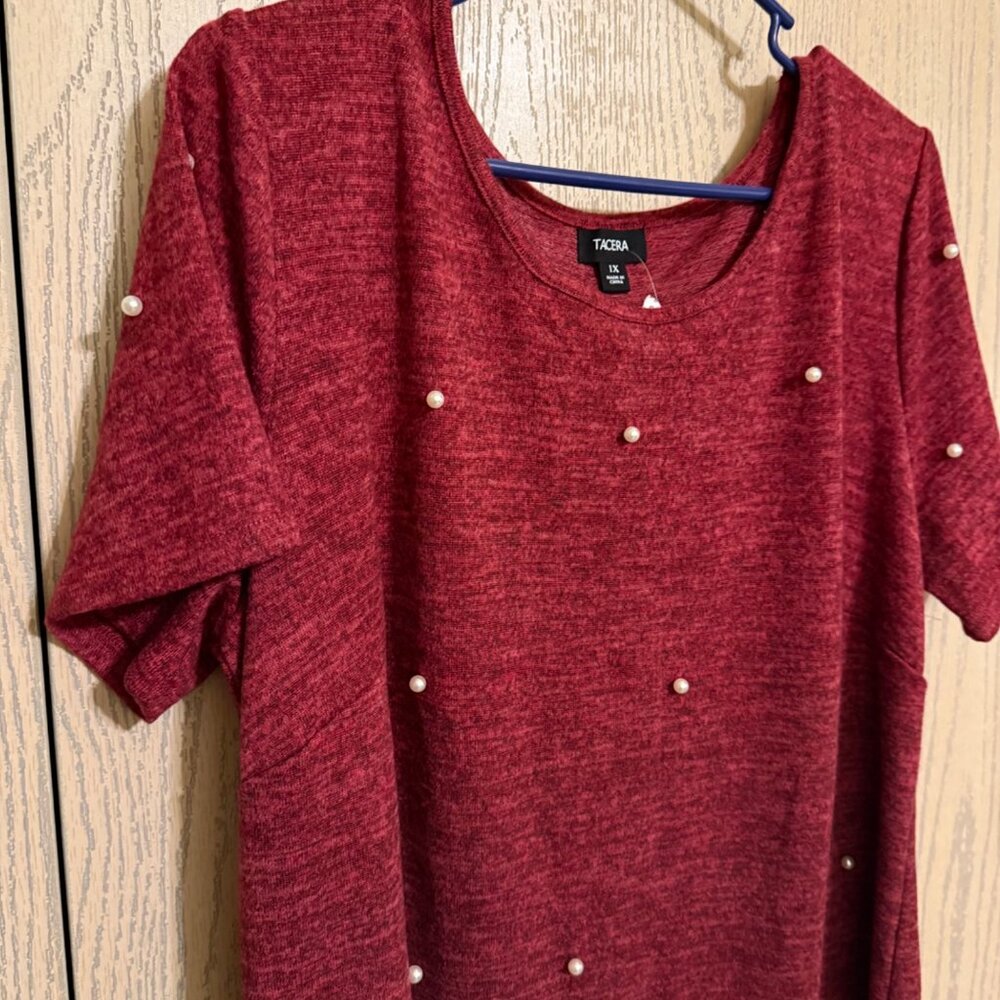 Tacera Women’s Dress, Burgundy with pearl accents, Size 1X - Picture 2 of 6
